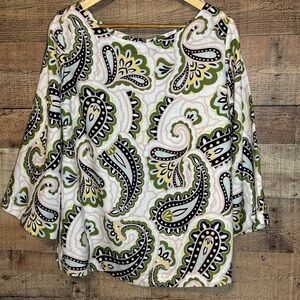 Boden Linen Green and Black Paisley Top